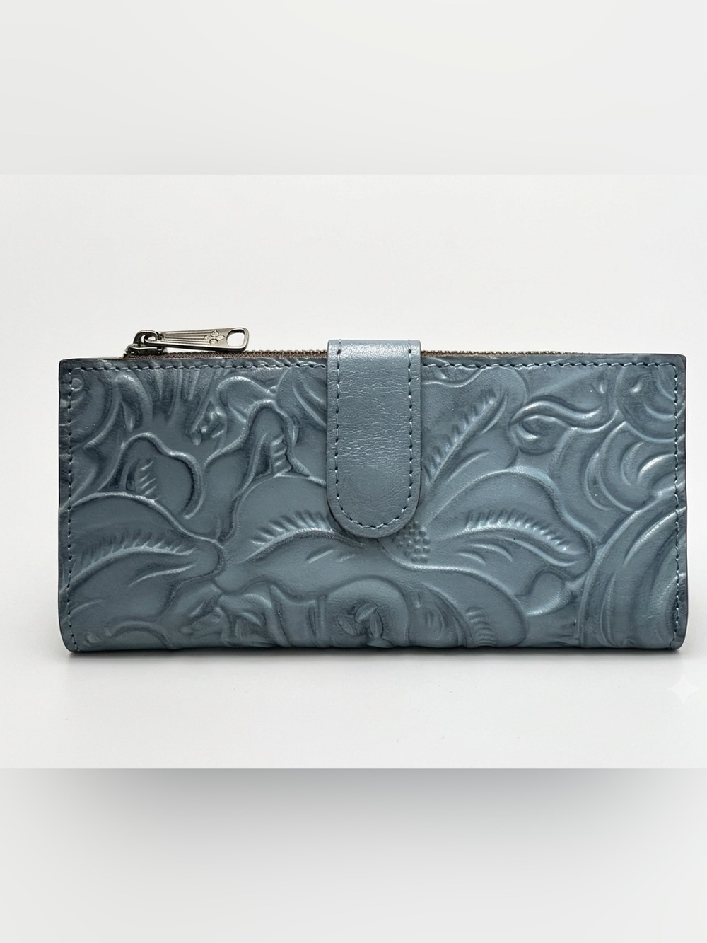 Patricia Nash Tooled Floral Embossed Leather Slim Bifold Wallet – Steel Blue
